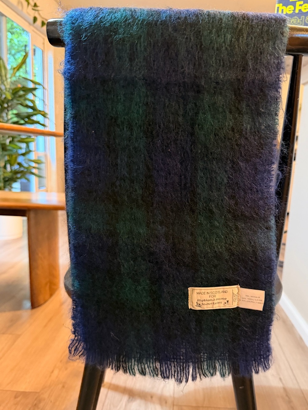 Made in Scotland Mohair Blend Fringe Scarf - Blue & Green Plaid 10x56
